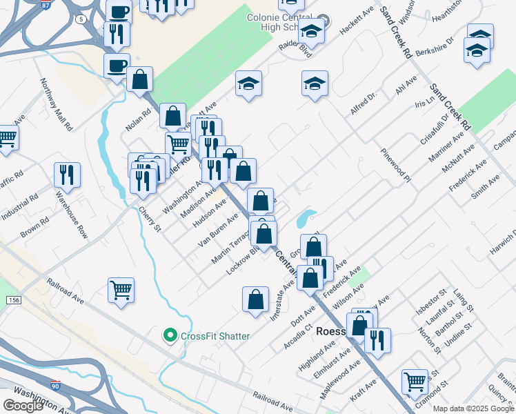 map of restaurants, bars, coffee shops, grocery stores, and more near 1 Ahl Avenue in Albany
