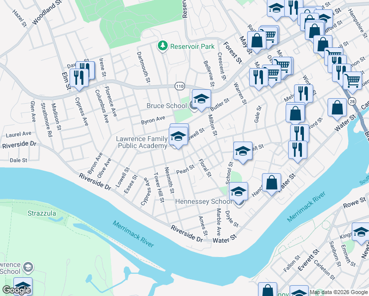 map of restaurants, bars, coffee shops, grocery stores, and more near 99 Ames Street in Lawrence