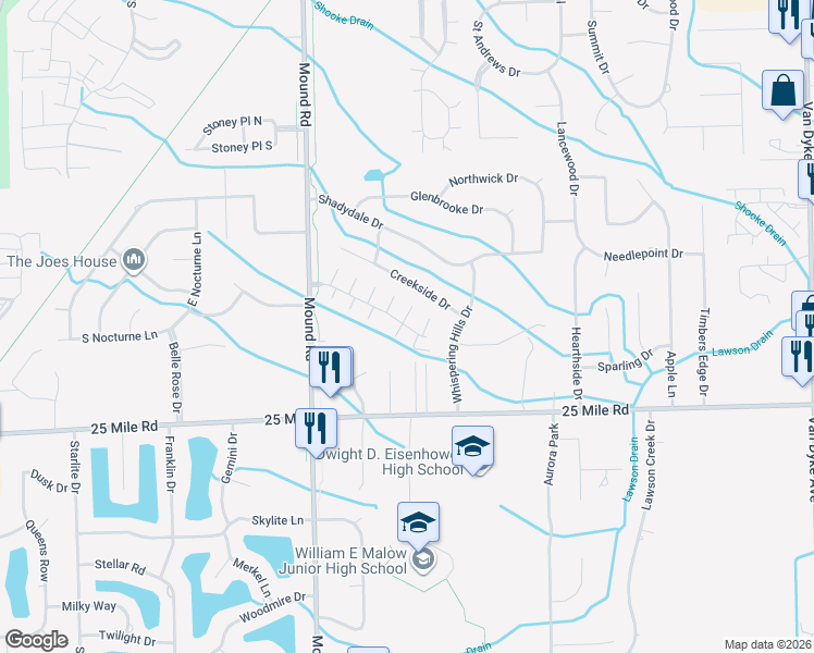 map of restaurants, bars, coffee shops, grocery stores, and more near 6419 Windemere Drive in Macomb County