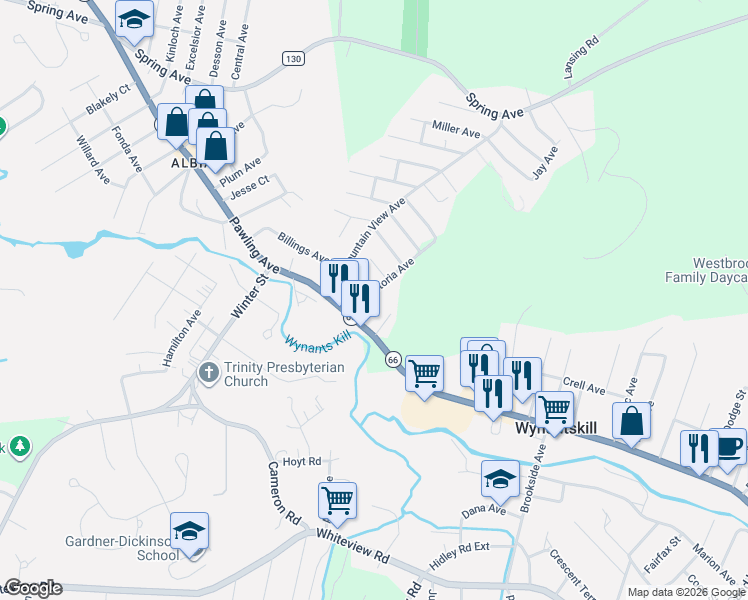 map of restaurants, bars, coffee shops, grocery stores, and more near 11 Lakeview Avenue in Troy