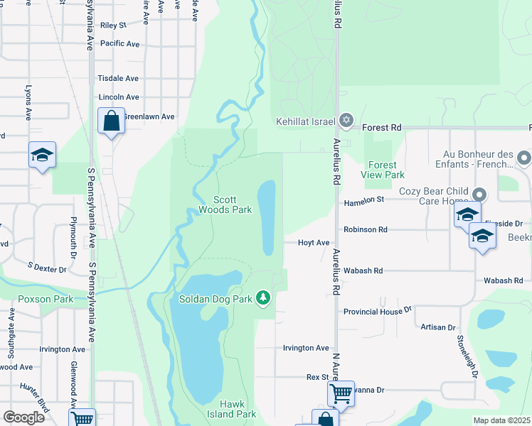 map of restaurants, bars, coffee shops, grocery stores, and more near 2800-3198 Ruth Avenue in Lansing