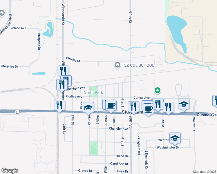 map of restaurants, bars, coffee shops, grocery stores, and more near 2828 93rd Street in Sturtevant