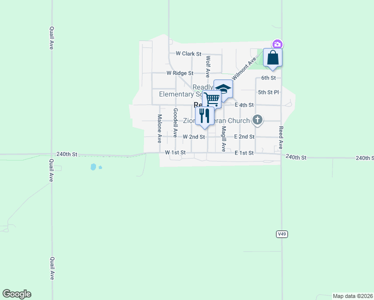 map of restaurants, bars, coffee shops, grocery stores, and more near 211 West 1st Street in Sumner