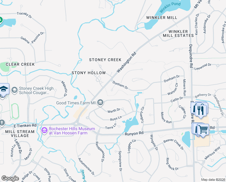 map of restaurants, bars, coffee shops, grocery stores, and more near 1509 Ford Court in Rochester