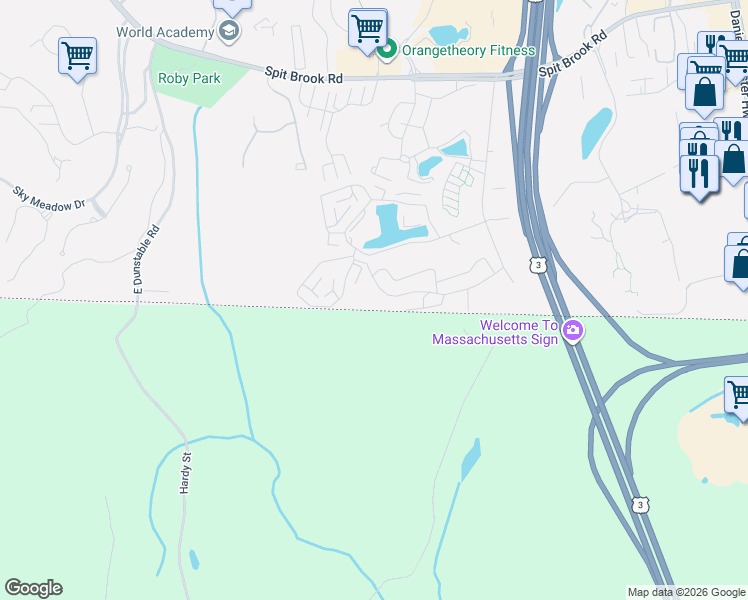 map of restaurants, bars, coffee shops, grocery stores, and more near Strawberry Bank Road in Nashua