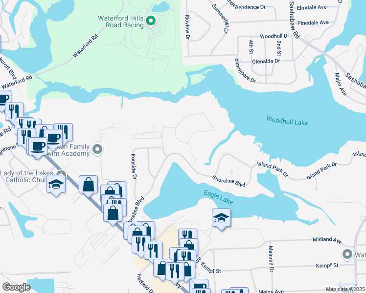 map of restaurants, bars, coffee shops, grocery stores, and more near 5000 Shoreline Boulevard in Waterford Township