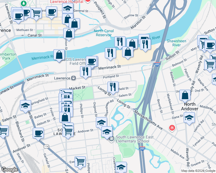 map of restaurants, bars, coffee shops, grocery stores, and more near 65 Greenfield Street in Lawrence