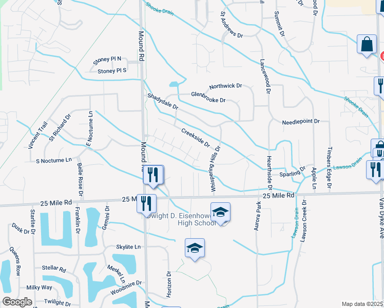 map of restaurants, bars, coffee shops, grocery stores, and more near 6419 Windemere Drive in Macomb County