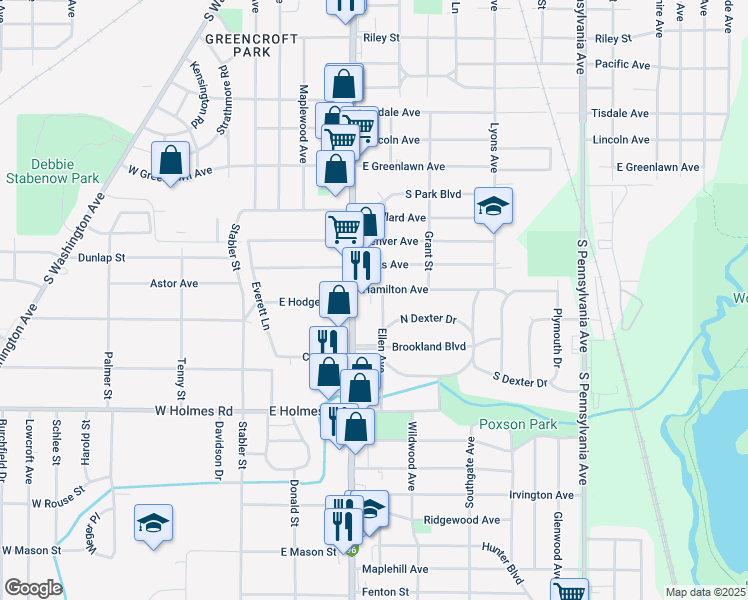 map of restaurants, bars, coffee shops, grocery stores, and more near 3121 South Cedar Street in Lansing