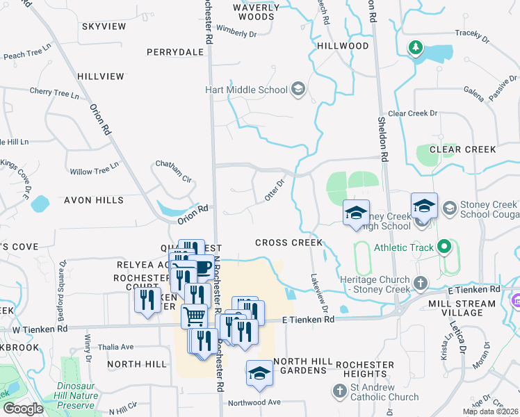 map of restaurants, bars, coffee shops, grocery stores, and more near 1413 Otter Drive in Rochester Hills