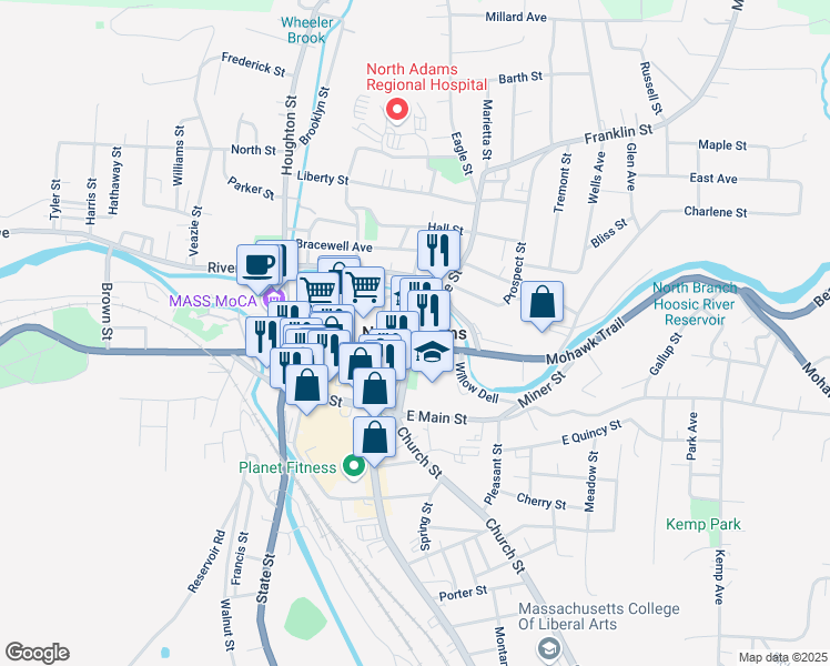 map of restaurants, bars, coffee shops, grocery stores, and more near in North Adams