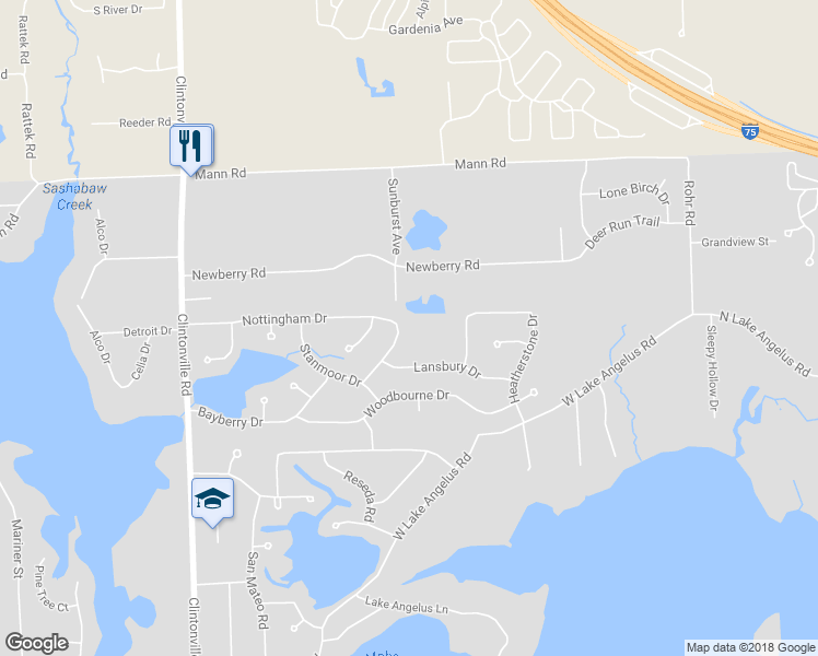 map of restaurants, bars, coffee shops, grocery stores, and more near 4210 Sunburst Avenue in Waterford Township