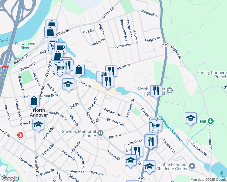 map of restaurants, bars, coffee shops, grocery stores, and more near 21 High Street in North Andover