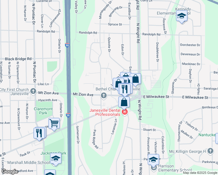 map of restaurants, bars, coffee shops, grocery stores, and more near 1325 Laramie Lane in Janesville