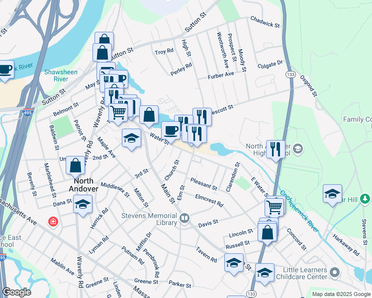 map of restaurants, bars, coffee shops, grocery stores, and more near 93 Elm Street in North Andover