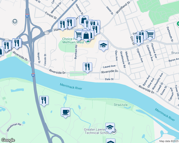 map of restaurants, bars, coffee shops, grocery stores, and more near 940 Riverside Drive in Methuen