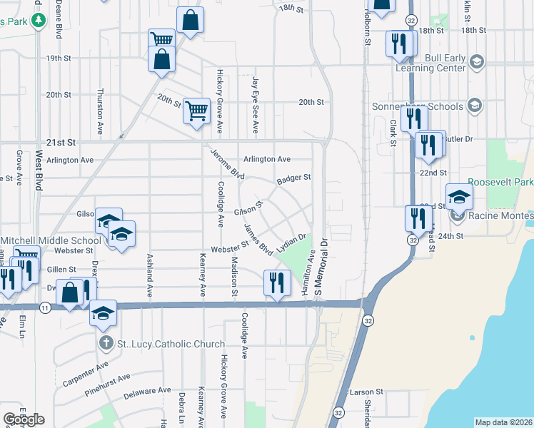 map of restaurants, bars, coffee shops, grocery stores, and more near 2528 West Crescent Street in Racine