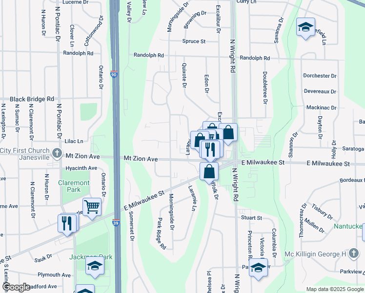 map of restaurants, bars, coffee shops, grocery stores, and more near 3307 Mount Zion Avenue in Janesville