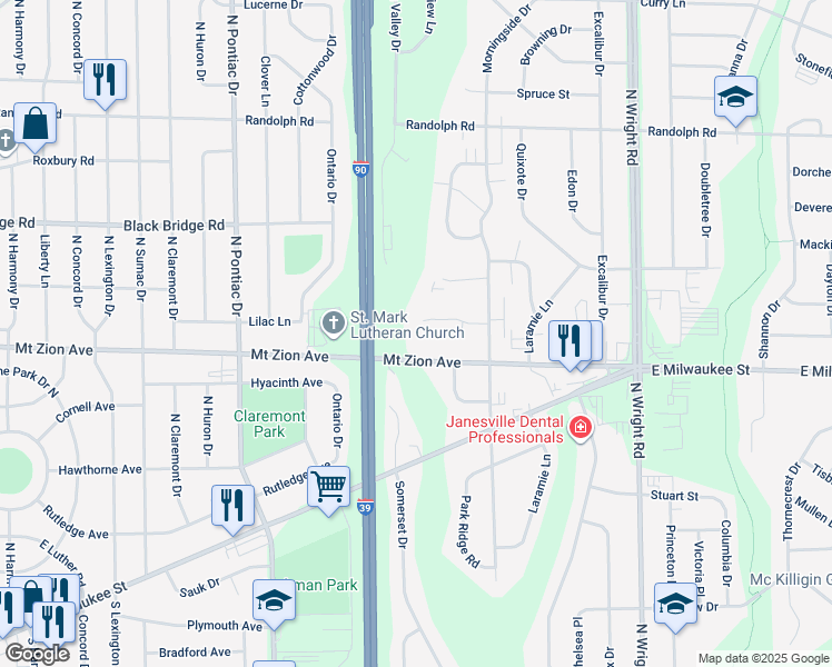 map of restaurants, bars, coffee shops, grocery stores, and more near 3117 Mount Zion Avenue in Janesville