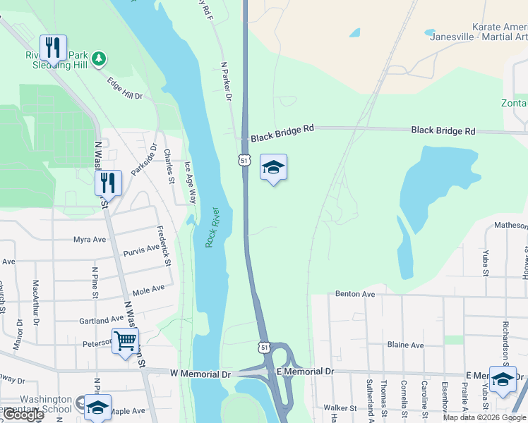 map of restaurants, bars, coffee shops, grocery stores, and more near 236 Ba-Wood Lane in Janesville