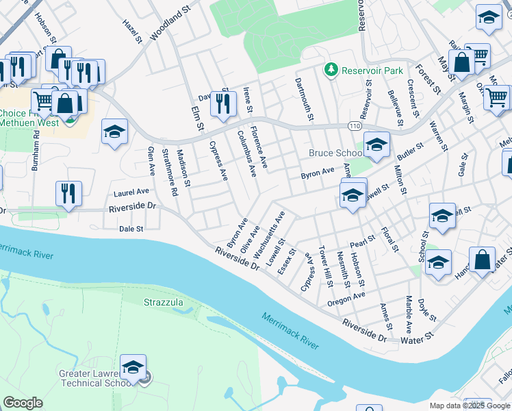 map of restaurants, bars, coffee shops, grocery stores, and more near 118 Byron Avenue in Methuen