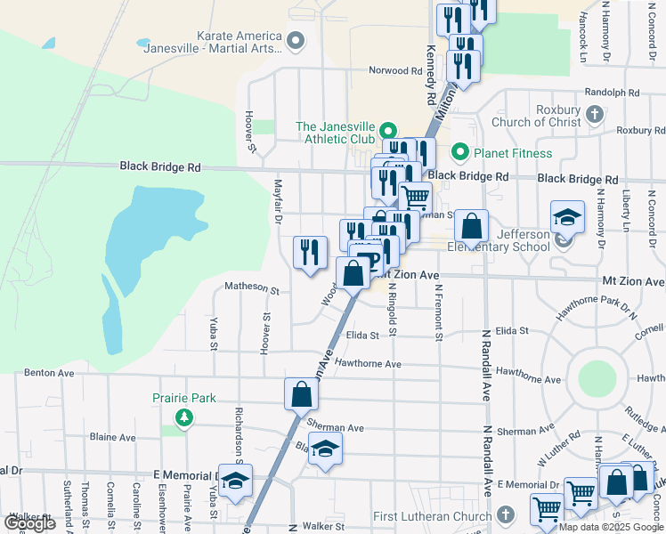 map of restaurants, bars, coffee shops, grocery stores, and more near 1315 Woodman Road in Janesville