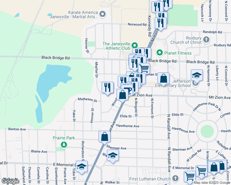 map of restaurants, bars, coffee shops, grocery stores, and more near 1315 Woodman Road in Janesville