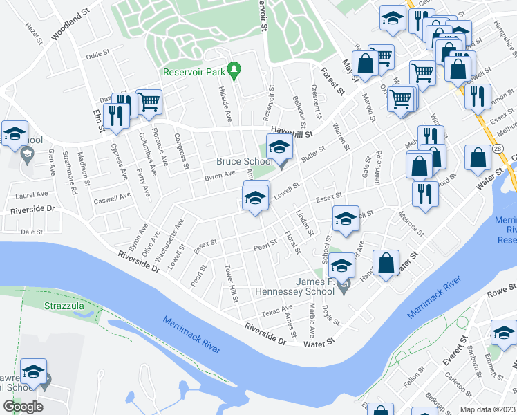 map of restaurants, bars, coffee shops, grocery stores, and more near 156 Ames Street in Lawrence