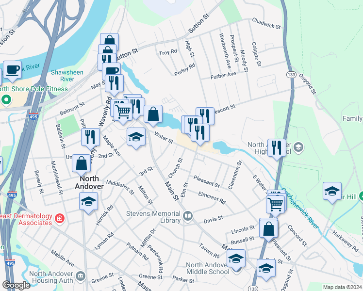 map of restaurants, bars, coffee shops, grocery stores, and more near 58 Church Street in North Andover