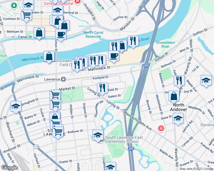 map of restaurants, bars, coffee shops, grocery stores, and more near 65 Greenfield Street in Lawrence