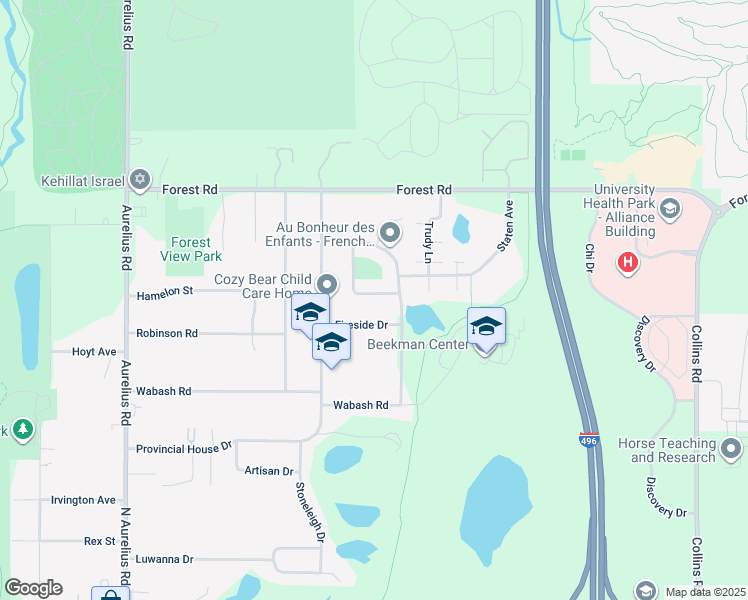 map of restaurants, bars, coffee shops, grocery stores, and more near 2715 Fireside Drive in Lansing