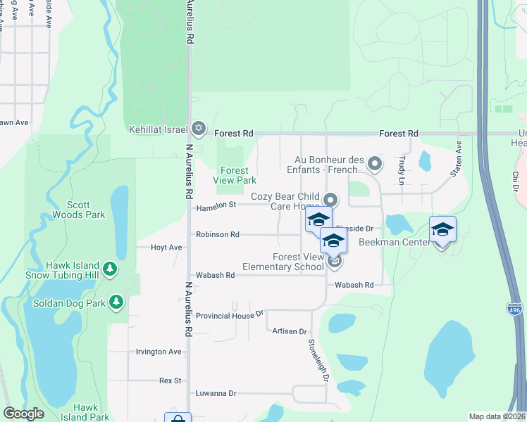 map of restaurants, bars, coffee shops, grocery stores, and more near 2221 Robinson Road in Lansing