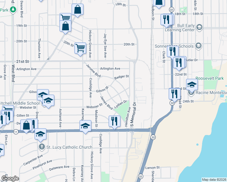 map of restaurants, bars, coffee shops, grocery stores, and more near 2528 West Crescent Street in Racine