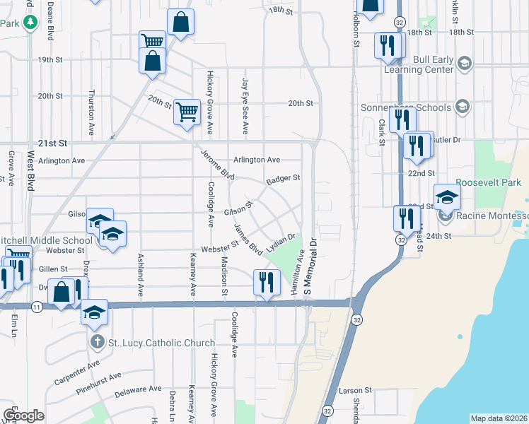 map of restaurants, bars, coffee shops, grocery stores, and more near 2528 West Crescent Street in Racine
