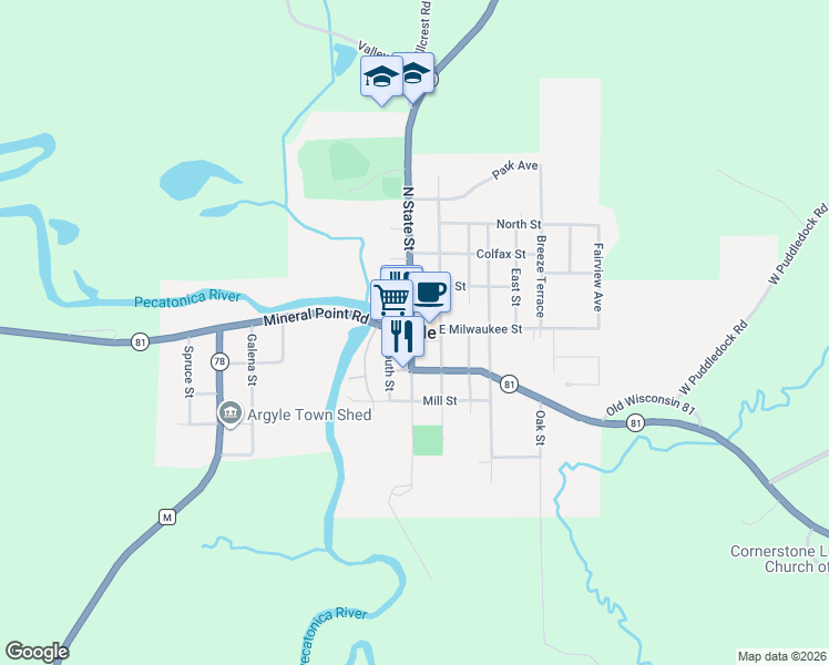 map of restaurants, bars, coffee shops, grocery stores, and more near in Argyle