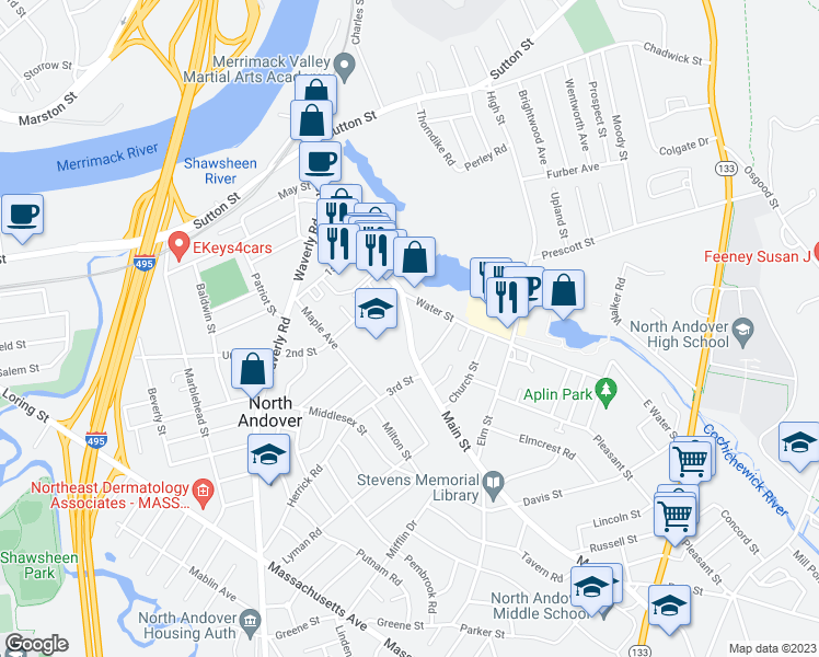 map of restaurants, bars, coffee shops, grocery stores, and more near 190 Main Street in North Andover