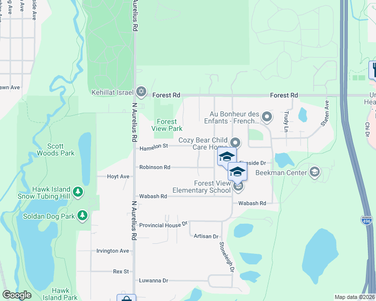 map of restaurants, bars, coffee shops, grocery stores, and more near 2221 Robinson Road in Lansing