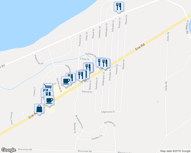 map of restaurants, bars, coffee shops, grocery stores, and more near 6835 Erie Road in Derby