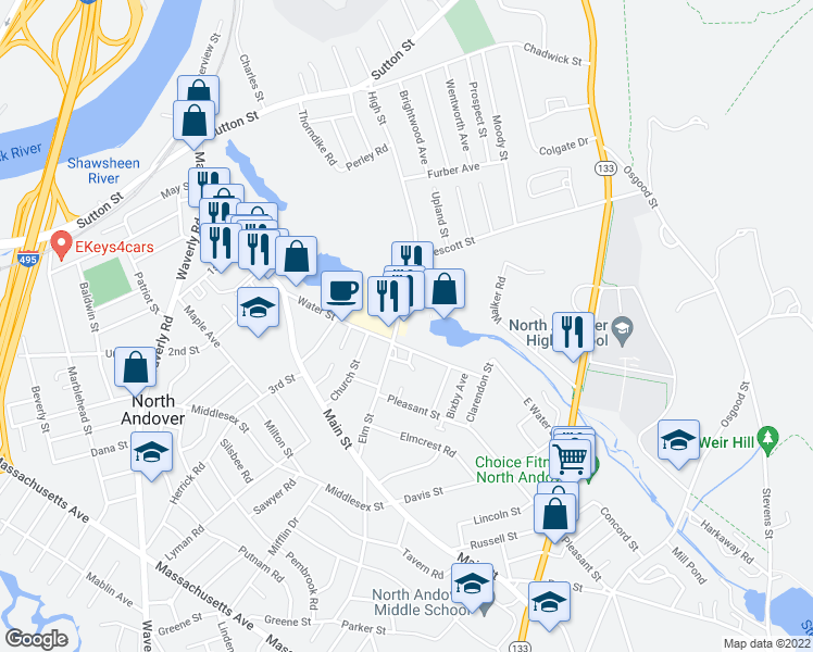 map of restaurants, bars, coffee shops, grocery stores, and more near 21 High Street in North Andover
