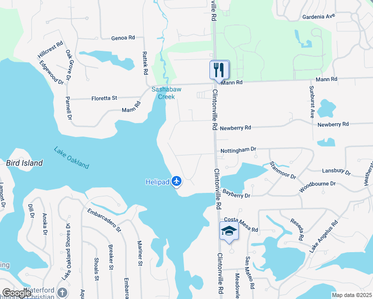 map of restaurants, bars, coffee shops, grocery stores, and more near 3153 Celia Drive in Waterford Township