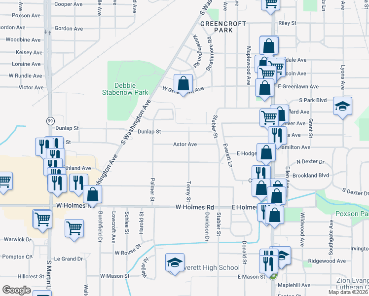 map of restaurants, bars, coffee shops, grocery stores, and more near 220 West Hodge Avenue in Lansing