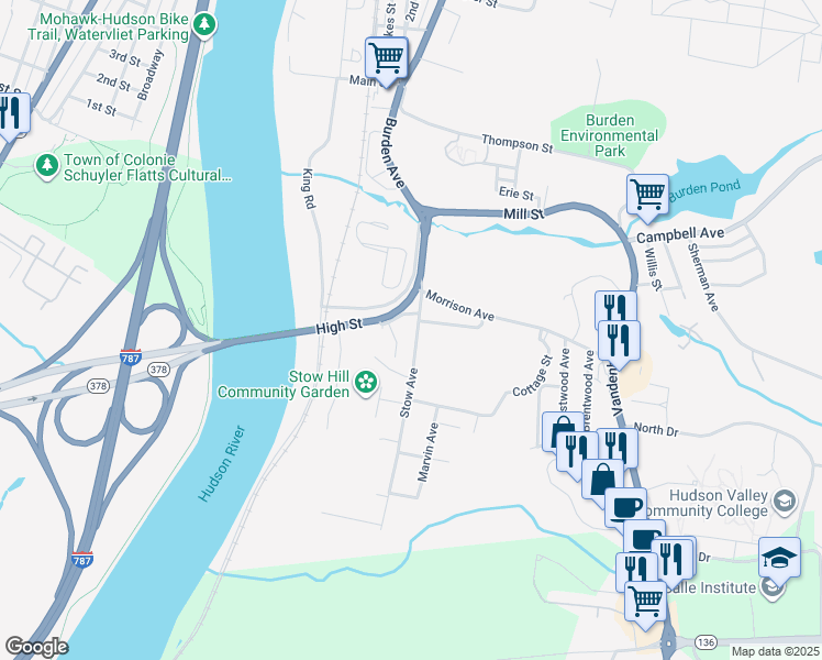 map of restaurants, bars, coffee shops, grocery stores, and more near 35 Stow Avenue in Troy