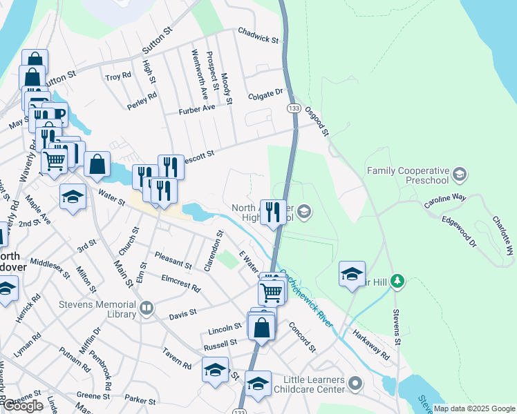 map of restaurants, bars, coffee shops, grocery stores, and more near 3 Walker Road in North Andover