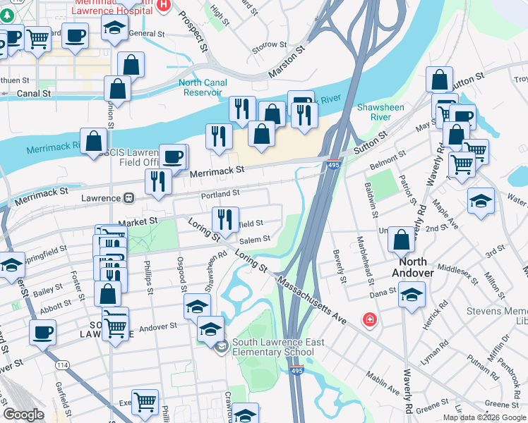 map of restaurants, bars, coffee shops, grocery stores, and more near 9 Shawsheen Road in Lawrence