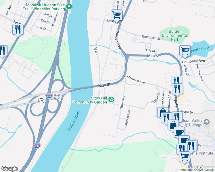 map of restaurants, bars, coffee shops, grocery stores, and more near 15 Forbes Avenue in Troy