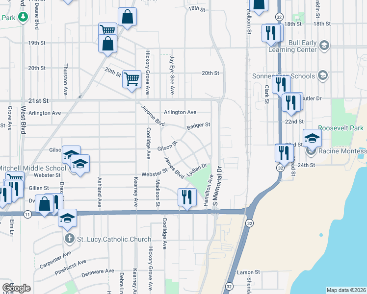 map of restaurants, bars, coffee shops, grocery stores, and more near 2528 West Crescent Street in Racine