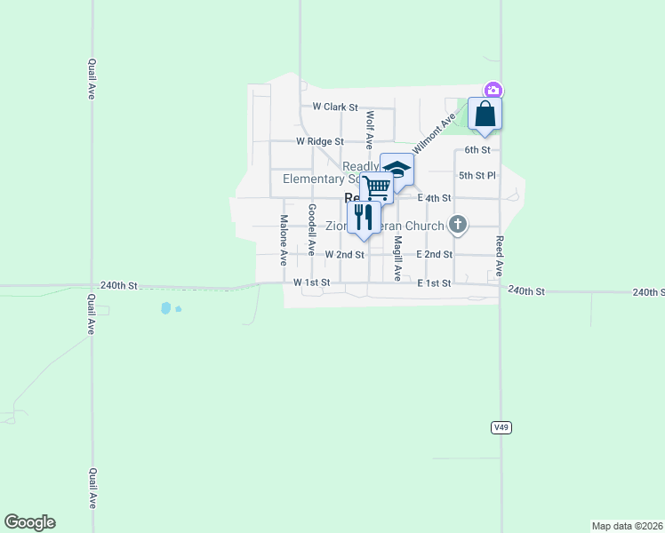 map of restaurants, bars, coffee shops, grocery stores, and more near 211 West 1st Street in Sumner