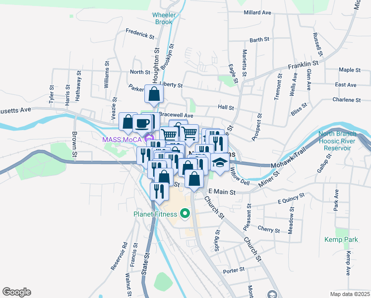 map of restaurants, bars, coffee shops, grocery stores, and more near 90 Holden Street in North Adams