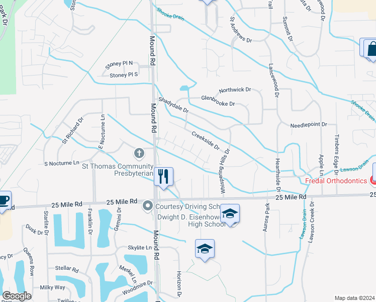 map of restaurants, bars, coffee shops, grocery stores, and more near 6195 Windemere Drive in Shelby Charter Township