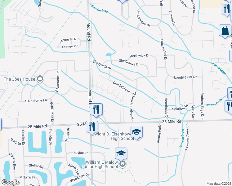 map of restaurants, bars, coffee shops, grocery stores, and more near 6347 Creekside Drive in Macomb County